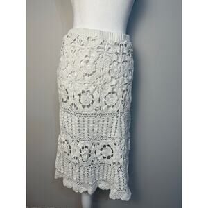 III STATE White Crochet Lace Midi Skirt Boho Cottagecore Ramie Cotton Large